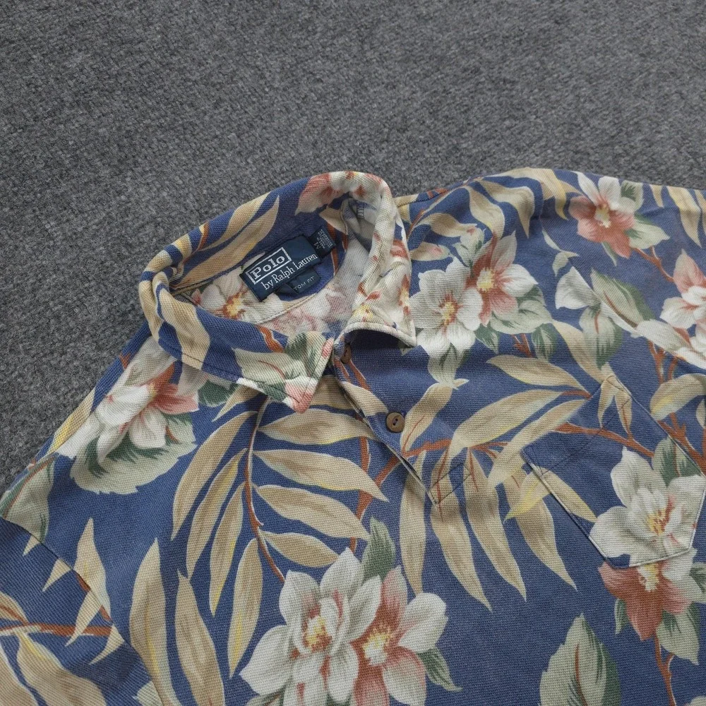 Vintage Polo Ralph Lauren Polo Shirt Mens M Blue Floral Hawaiian Custom Fit Pony